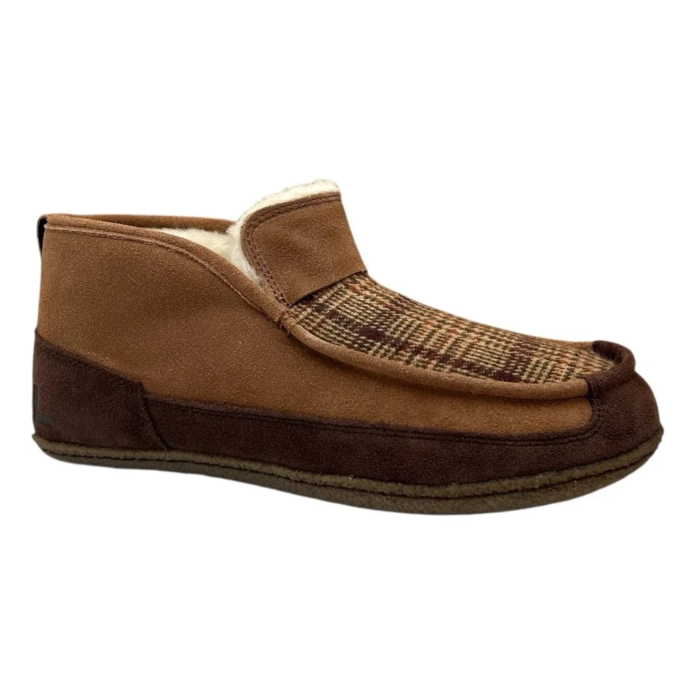 SOREL Mens Manawan Suede Slippers Size 8 Brown Plaid Faux Fur Indoors & Outdoors